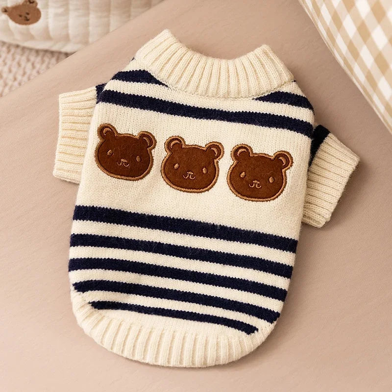 Winter Pet Knitted Sweater: Cute Striped Bear Print Turtleneck for Dogs & Cats