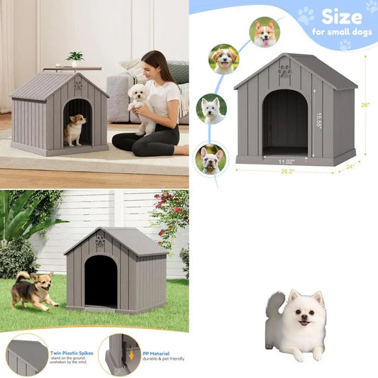 Sturdy Waterproof Plastic Doghouse for Small to Medium Dogs, Indoor/Outdoor, with Air Vents and Elevated Floor, Easy Assembly an