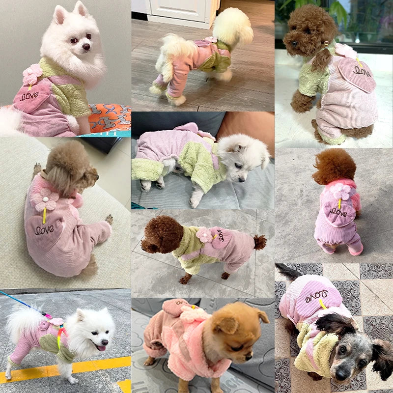 Fleece Dog Jumpsuit Flower Print Sweatshirt Chihuahua Bichon Warm Clothing for Small Dog Four Legs Outfit Winter Pet Costume