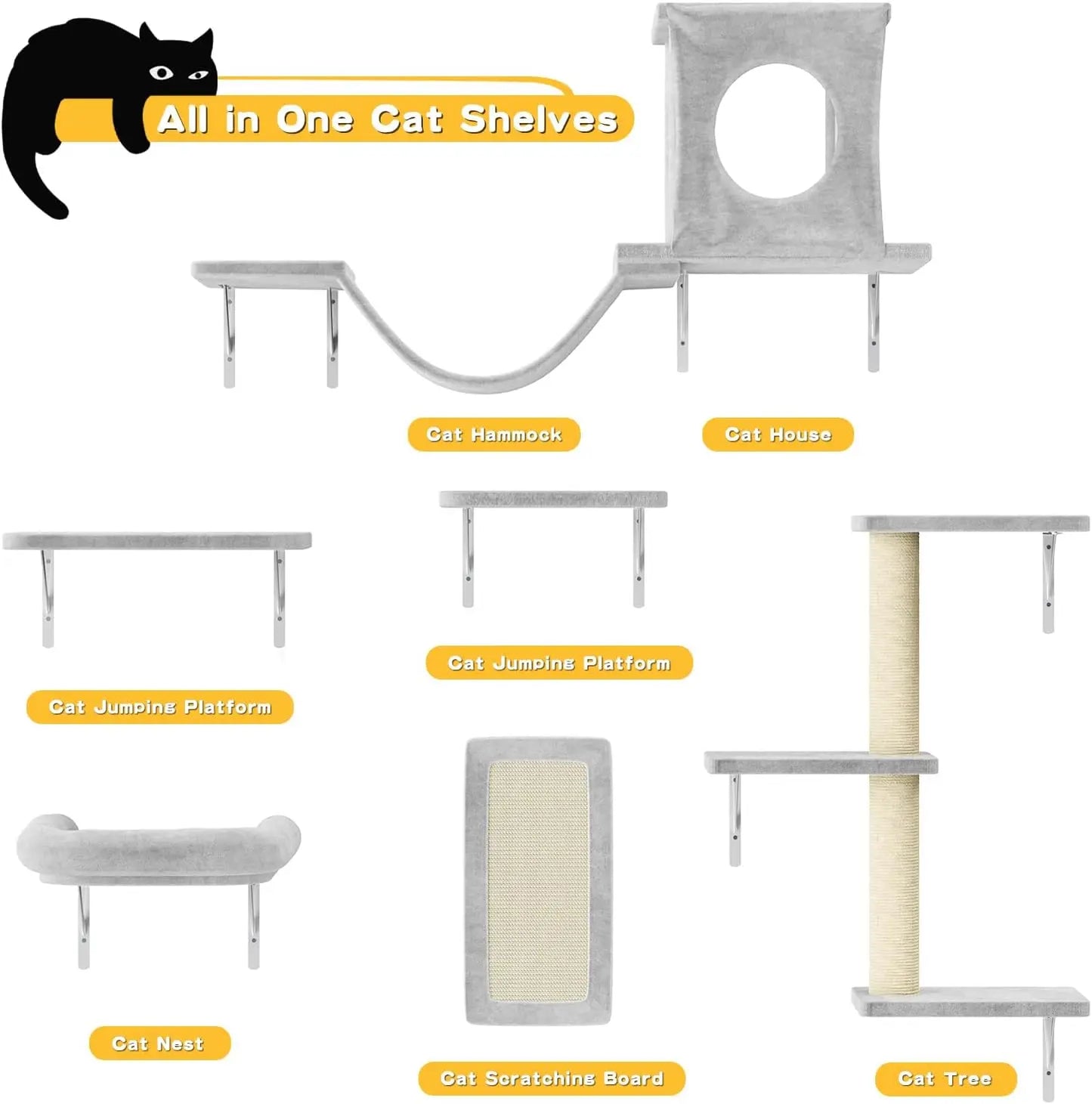 6-Piece Wall-Mounted Cat Furniture Set with Condo, Bridge, Steps, Scratcher, and Hammock for Indoor Play