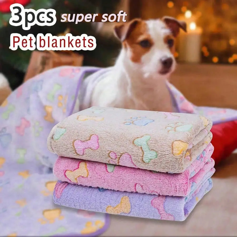 3PCS Cozy Flannel Pet Blankets - Claw Bone Print for Dogs & Cats