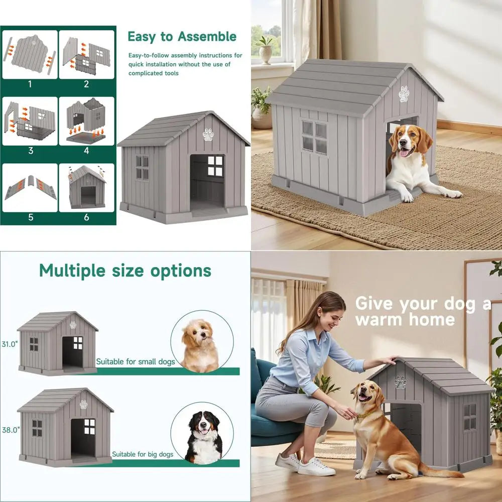 Gray Resin Outdoor Dog House for Small to Large Dogs with Air Vent and Elevated Floor