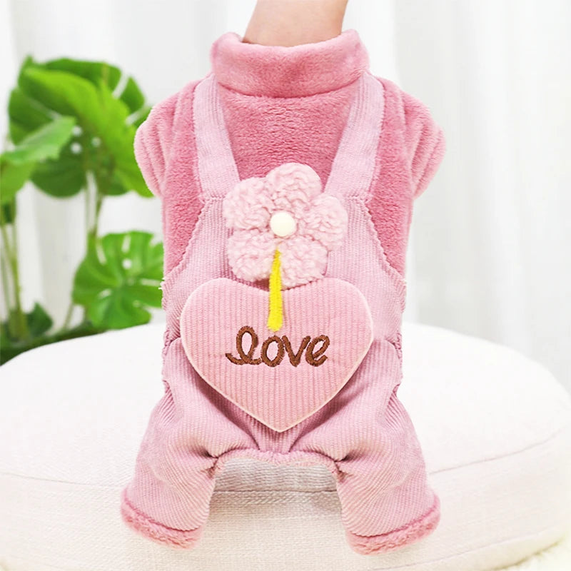 Fleece Dog Jumpsuit Flower Print Sweatshirt Chihuahua Bichon Warm Clothing for Small Dog Four Legs Outfit Winter Pet Costume