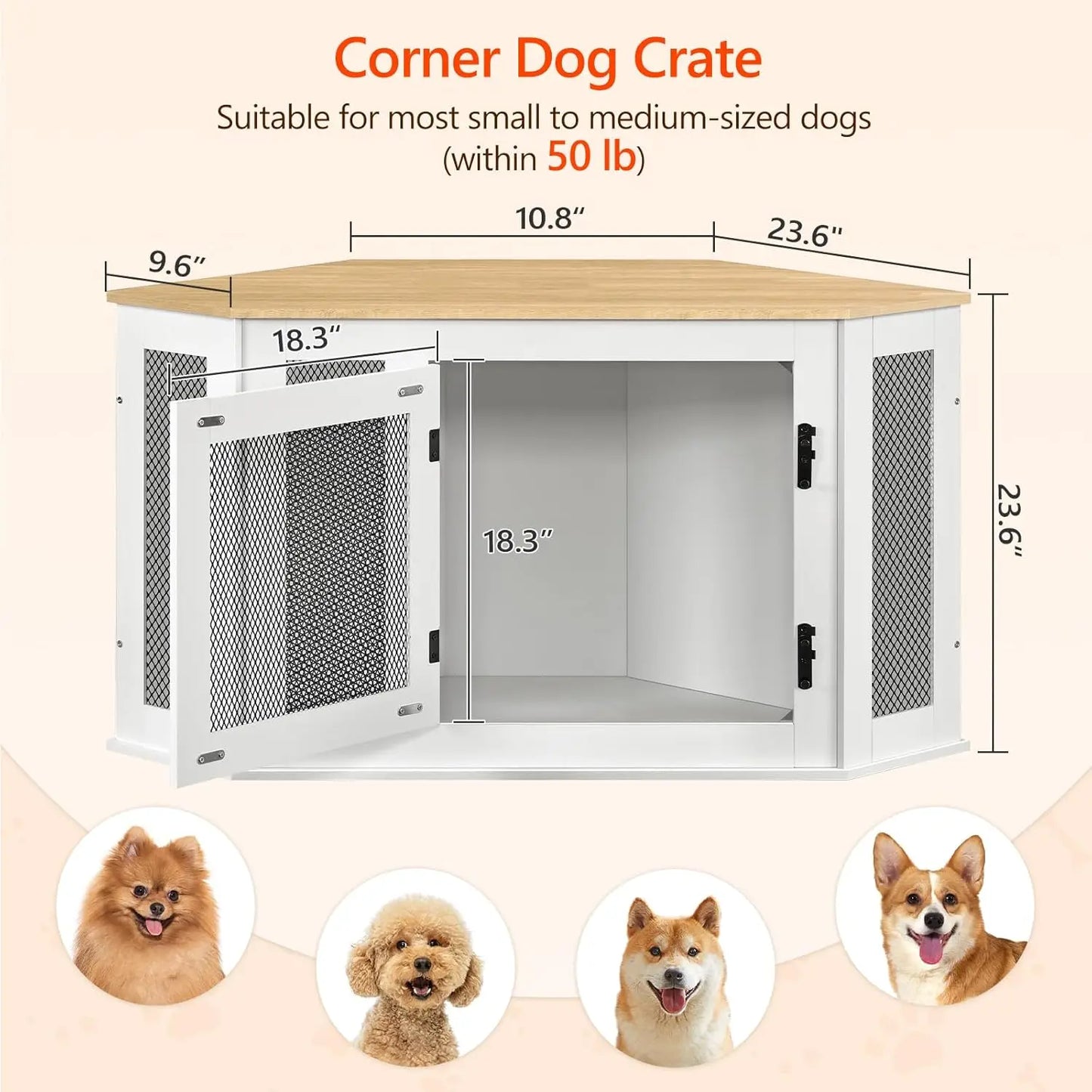 Corner Dog Crate Furniture, Wooden Kennel End Table for Small Medium Dogs, Decorative Pet Cage Indoor Use, White and Natural
