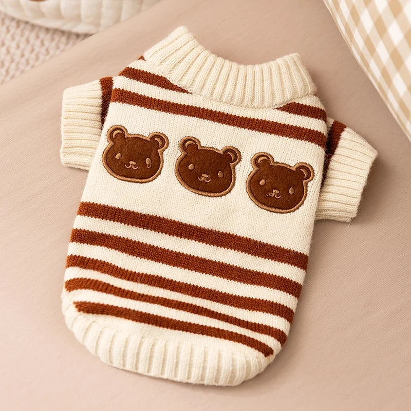 Winter Pet Knitted Sweater: Cute Striped Bear Print Turtleneck for Dogs & Cats