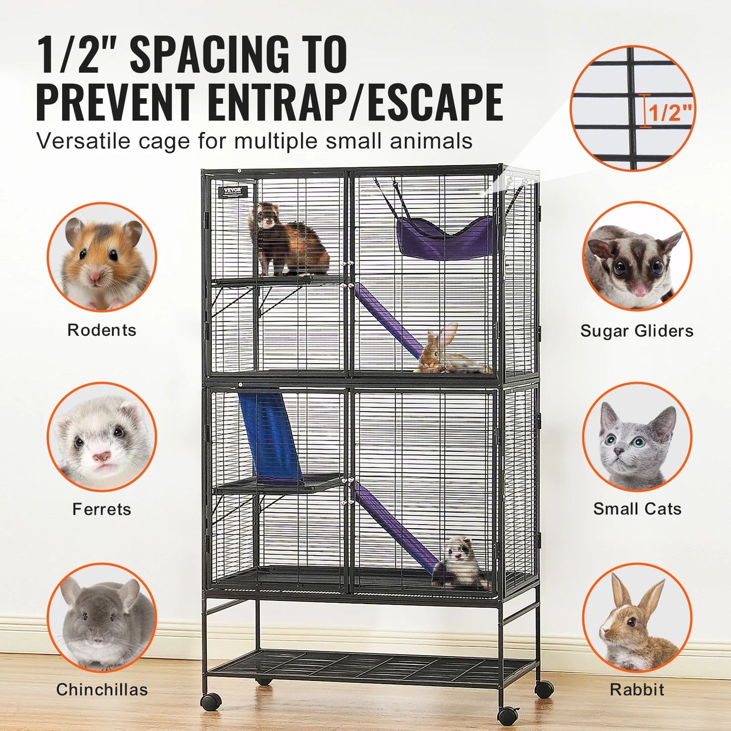 64.6" Rolling Metal Ferret Cage Large 4-Tier Critter Nation Cage Small Animal Cage for Rats Hamster Guinea Chinchilla