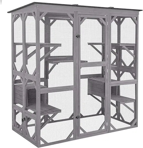 Cat House Outdoor Catio Kitty Enclosure with Super Large Enter Door, Wooden Cat Cage Condo Indoor Playpen with Platform