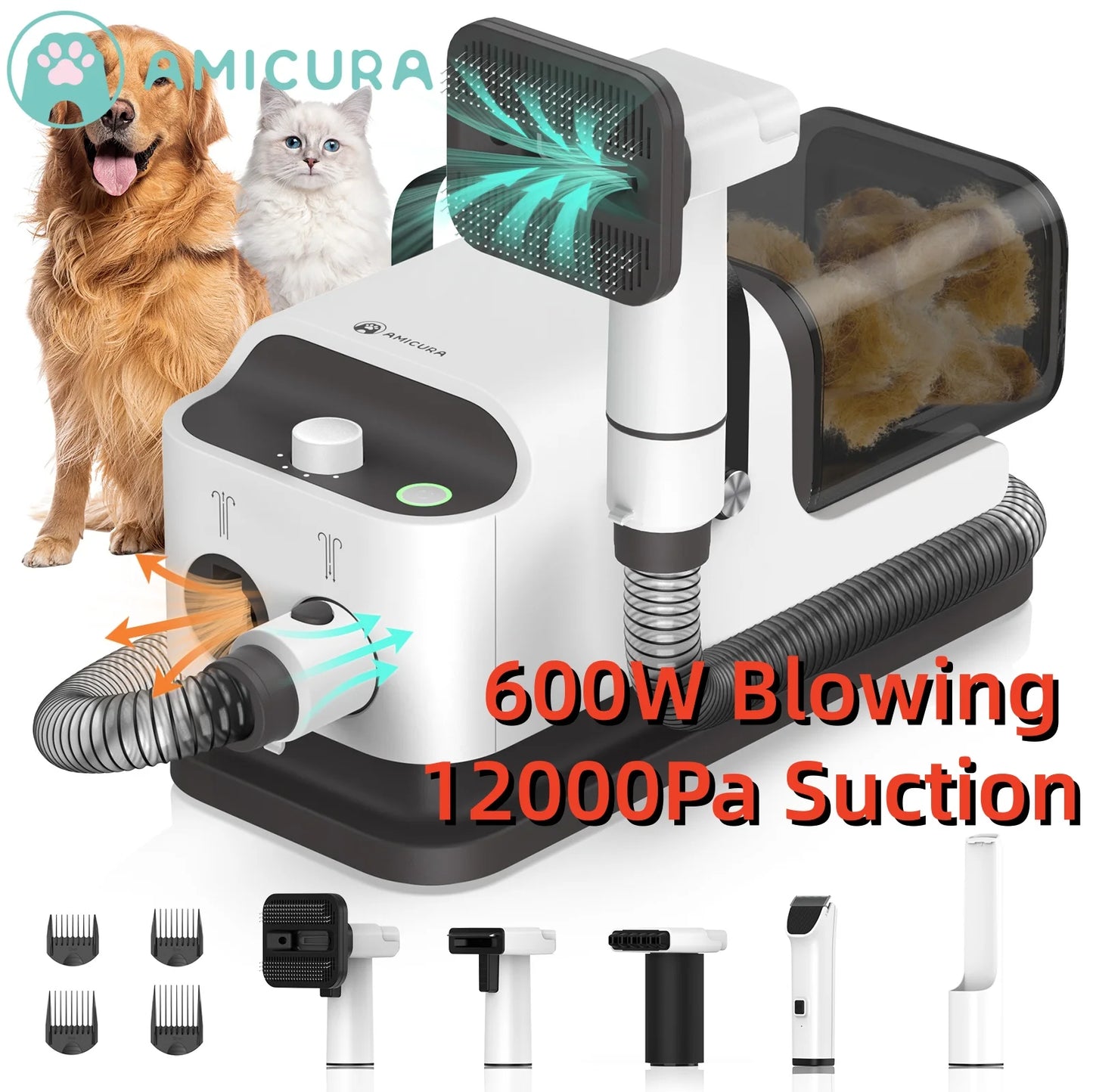 P1 Vacuum Cleaner & Hair Dryer 15kpa, Pet Grooming Set Adjustable Speed and Temperature, 5 Proven Care Tools Dog Clipper