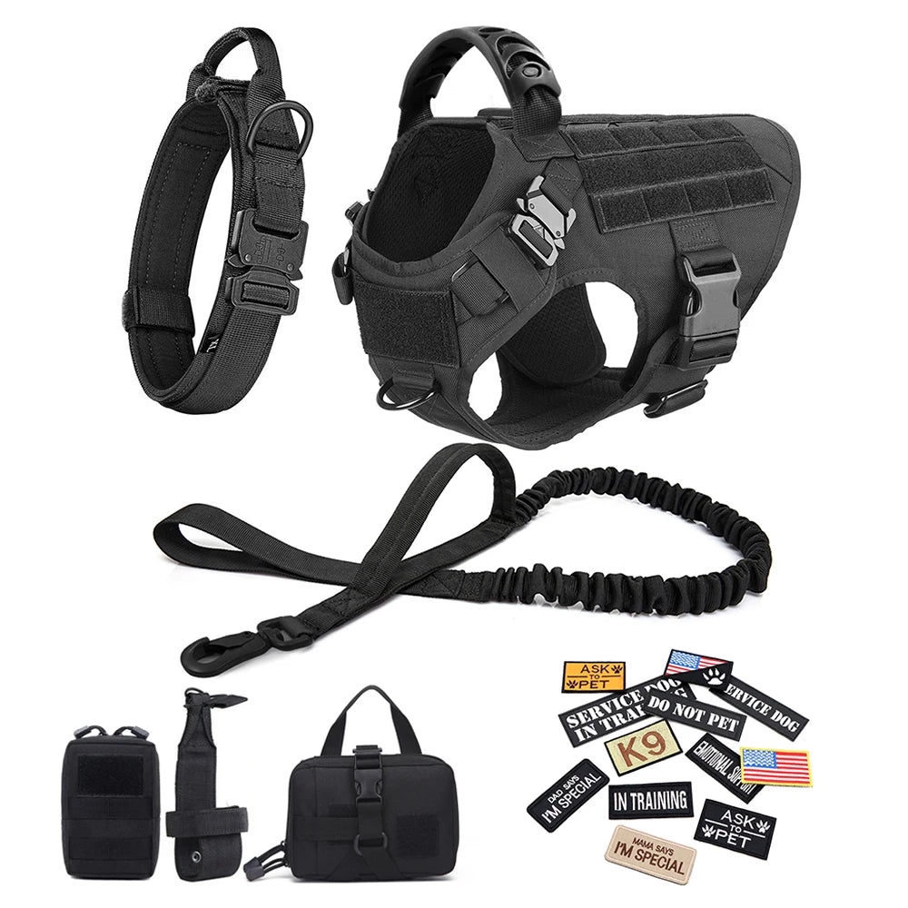 Military Large Dog Harness Collar Leash Bags Patches Set Pet Malinois Training Vests Tactical Dogs Harnesses Accessories