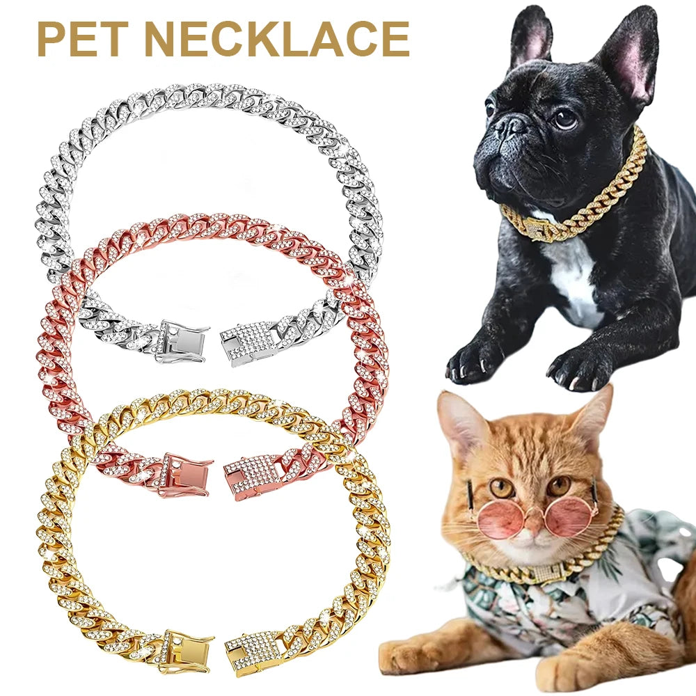 New Style Pet Collar Necklace Cat Dog Full Diamond Cuban Chains Dog Chains Lock Buckle Gold Silver Rose Gold Pet Supplies