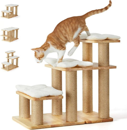 Solid Wood Pet Stairs with Cat Scratching Post, Transformable Ramp Holds 200 lbs, 20 Inch Steps for Dogs and Cats