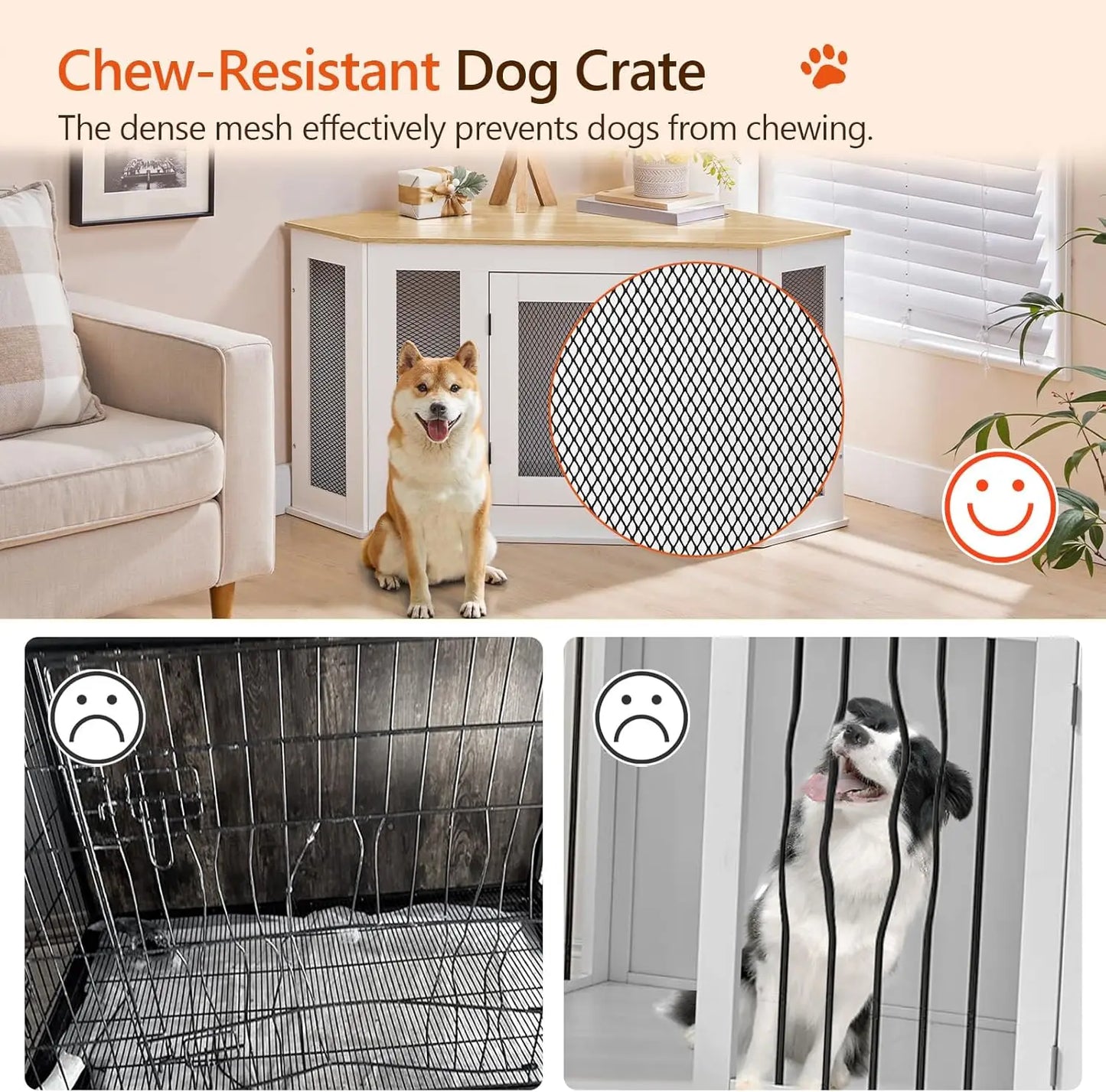 Corner Dog Crate Furniture, Wooden Kennel End Table for Small Medium Dogs, Decorative Pet Cage Indoor Use, White and Natural