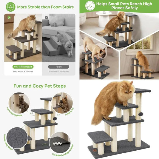 Pet Stairs & Scratching Post: 4-Step High-Strength Steps for Cats, Dogs, and Kittens - Supports up to 150 lbs, Ideal for High Be