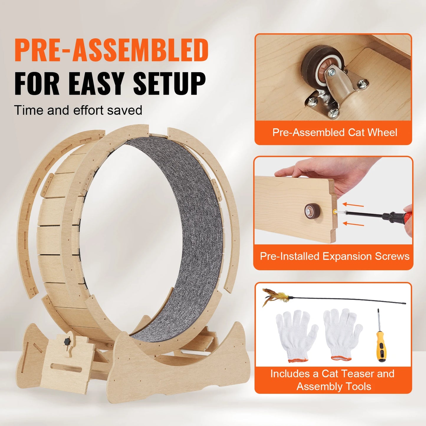 Wooden Cat Exercise Wheel Large Cat Treadmill Wheel for Indoor Cat Running Wheel With Detachable Carpet& Cat Teaser