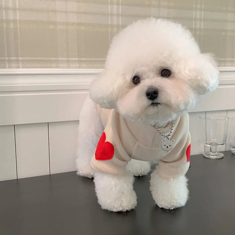 Winter Dog Shirt Heart-shaped Patch Embroidery Sweatshirt Chihuahua Breathable Warm Shirt Puppy Outdoor Clothes Pet Supplies