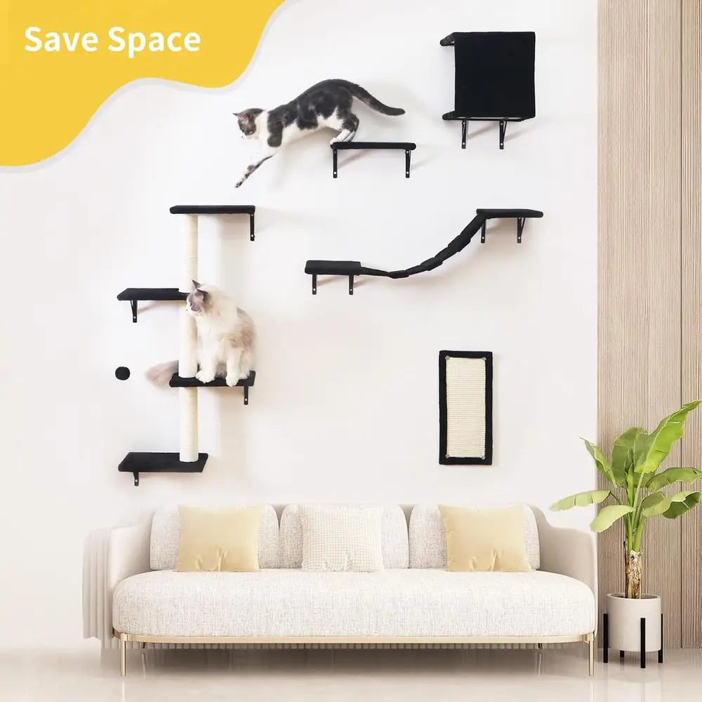 5-Piece Wall-Mounted Cat Furniture Set: Wooden Climbing House, Bridge, Tree, Steps, Scratcher in Black