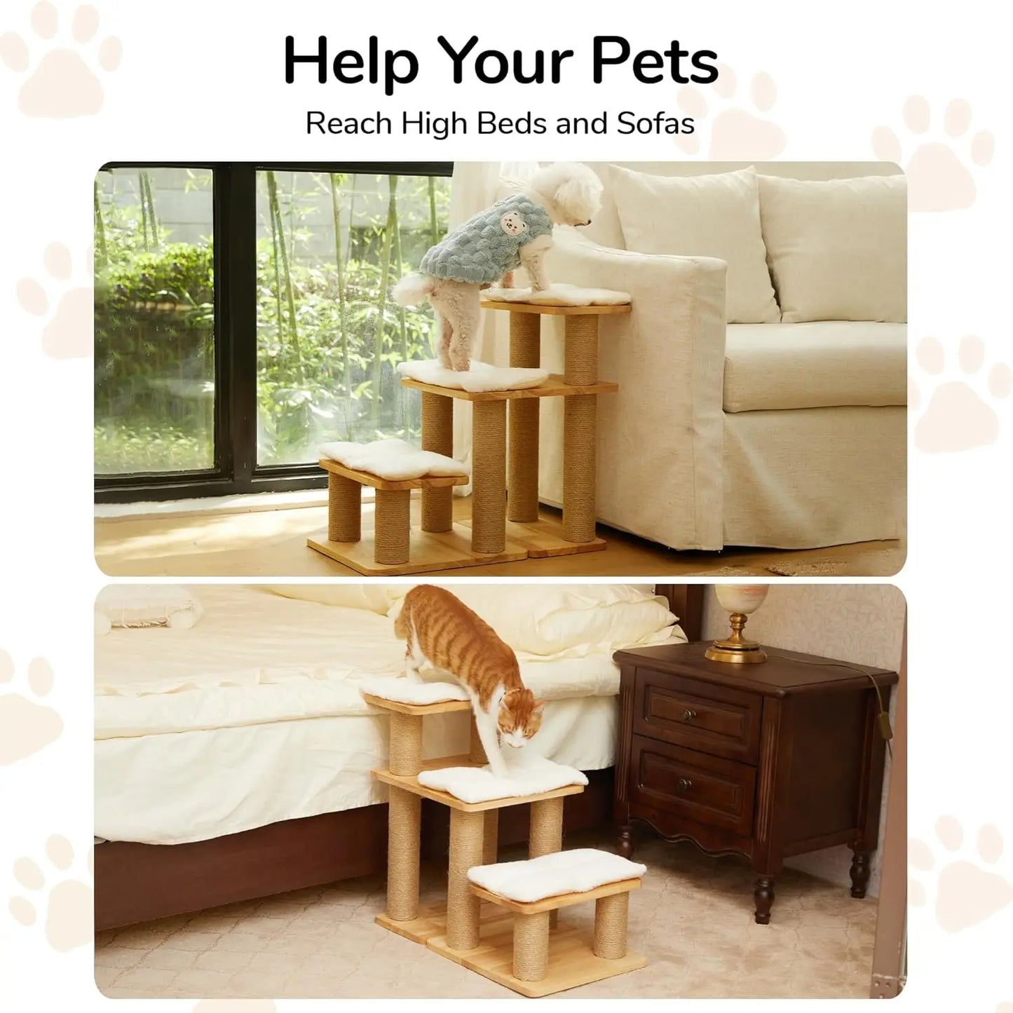 Solid Wood Pet Stairs with Cat Scratching Post, Transformable Ramp Holds 200 lbs, 20 Inch Steps for Dogs and Cats