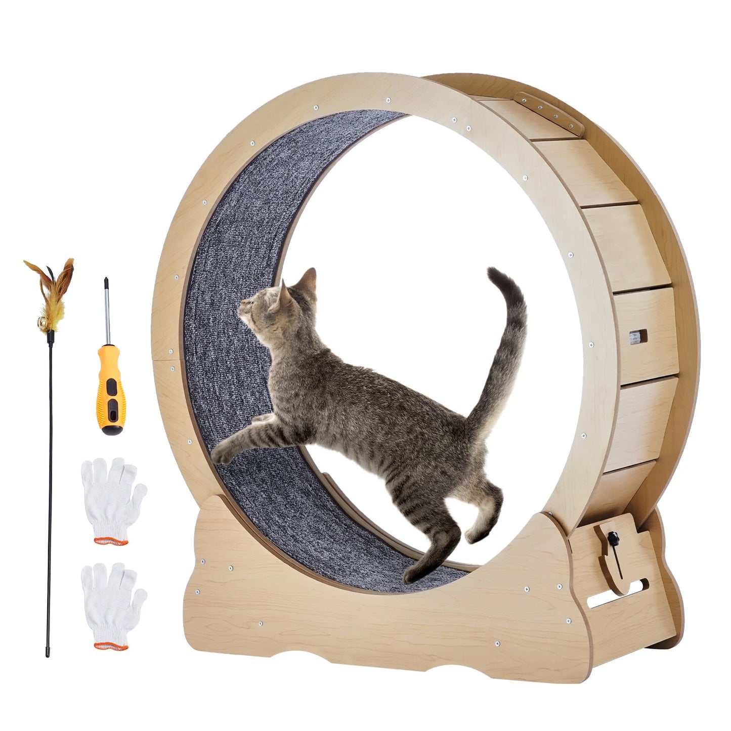 Wooden Cat Exercise Wheel Large Cat Treadmill Wheel for Indoor Cat Running Wheel With Detachable Carpet& Cat Teaser