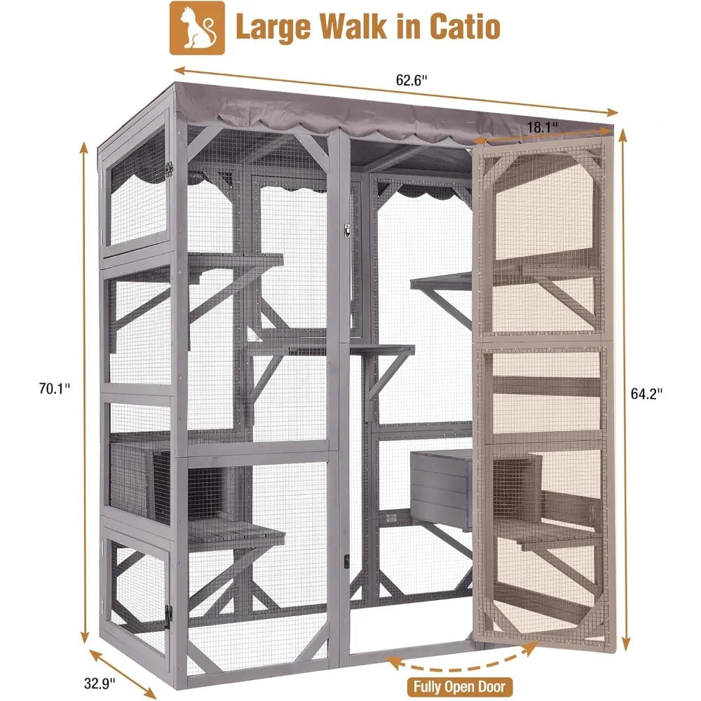 Large Catio Outdoor Cat Enclosure with Condos, Wood Catio Walk in Cat House, Kitty Shelter Indoor with Waterproof Roof
