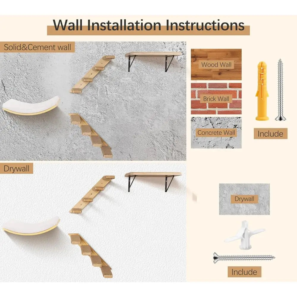 Wooden Wall-Mounted Cat Furniture Set with Curved Bed, Flat Perch, and 4-Step Stairs