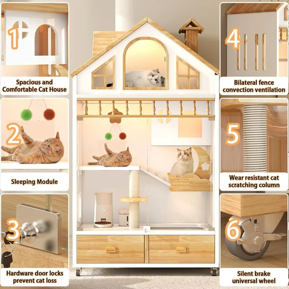 Enclosed Cat Condo, Large Wooden Cats House Indoor Cage Cat Enclosure on Wheels, Multi-Feature Enclosed Condo with Litter Box