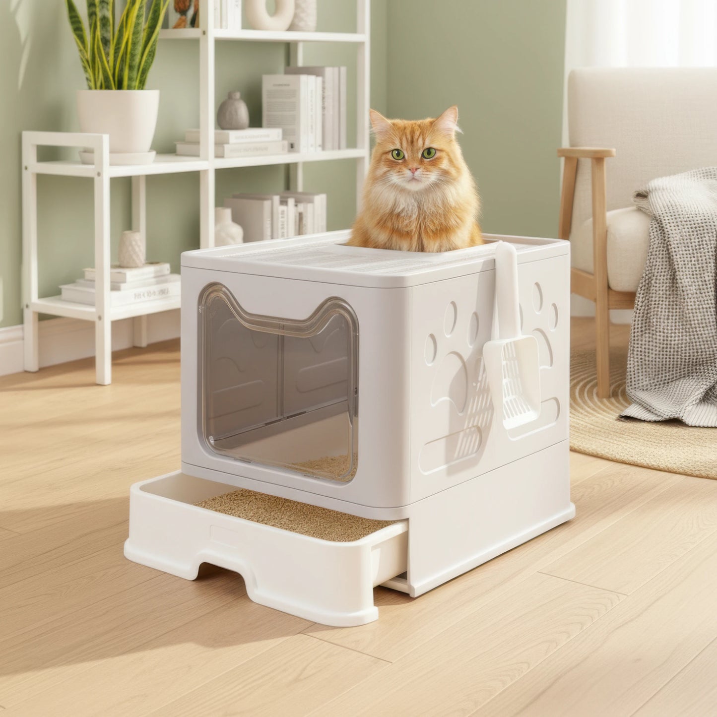 Enclosed Cat Litter Box with Lid Top Exit Covered Litter Box Leak Proof & Odorless Easy to Clean Including Cat Litter Scoop Mat