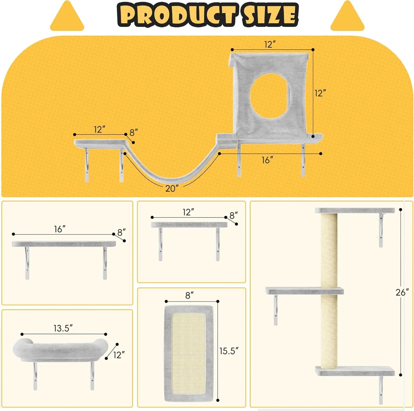 6-Piece Wall-Mounted Cat Furniture Set with Condo, Bridge, Steps, Scratcher, and Hammock for Indoor Play