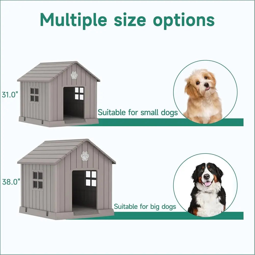 Gray Resin Outdoor Dog House for Small to Large Dogs with Air Vent and Elevated Floor