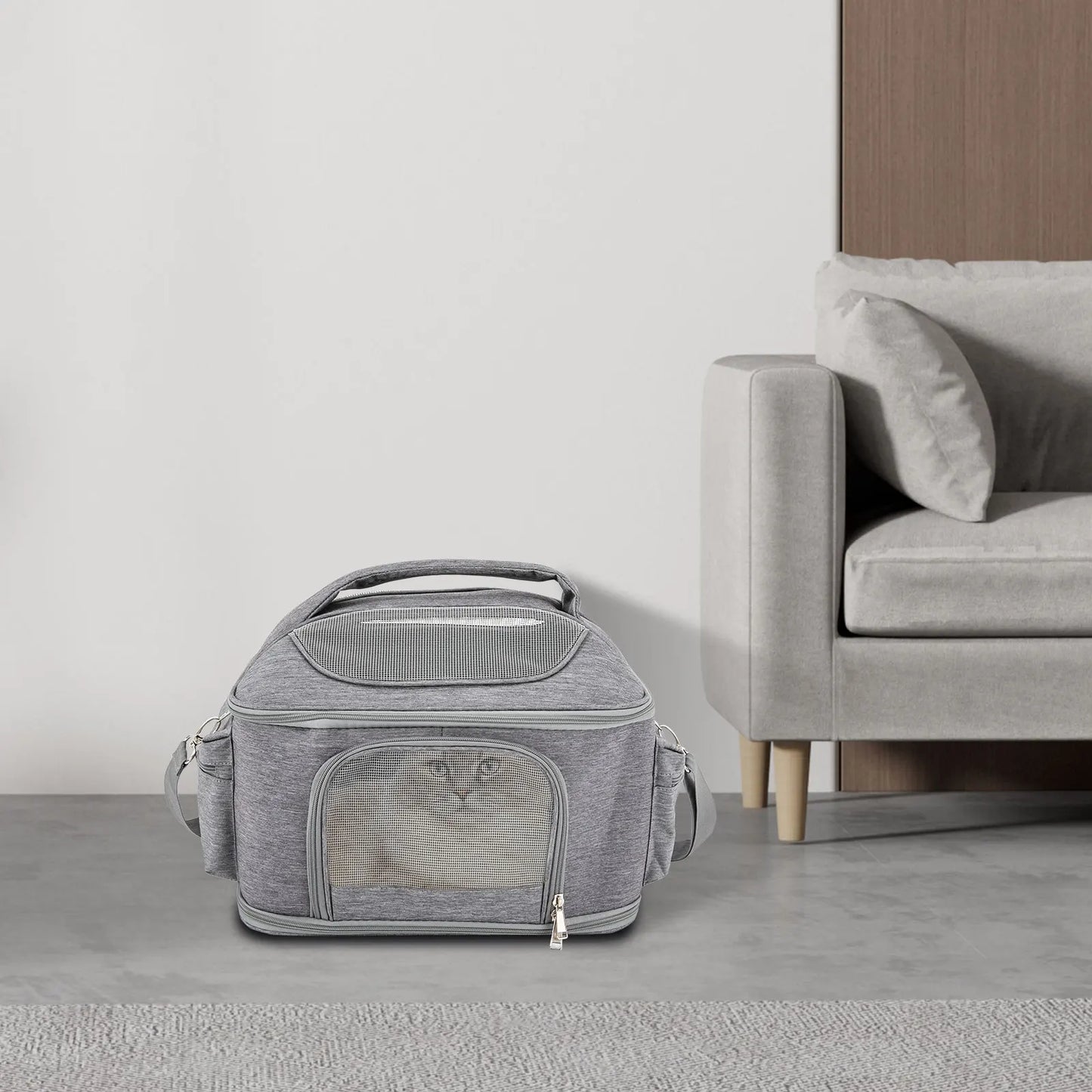 Light Gray Pet Backpack Breathable Portable Foldable Tote Bag Approved by Travel Airlines, For Dogs and Cats to Go Out