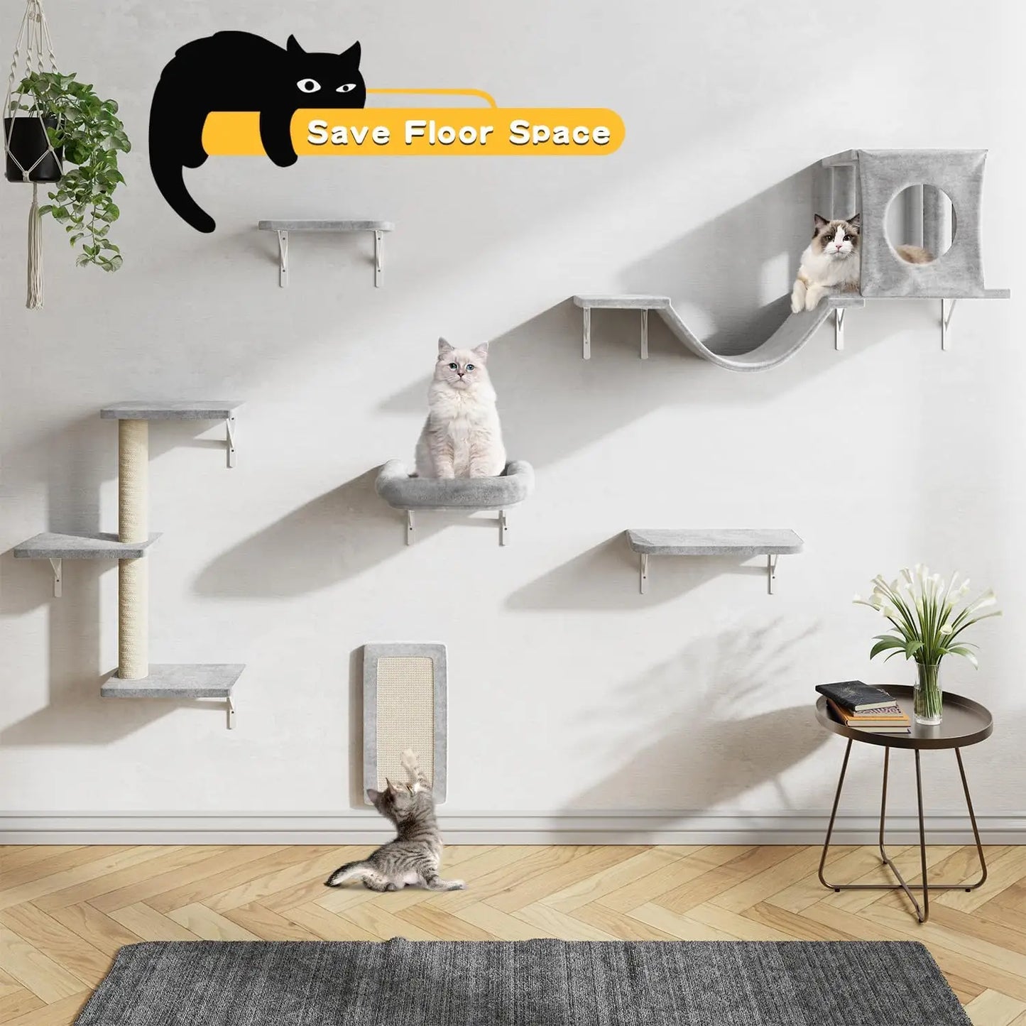 6-Piece Wall-Mounted Cat Furniture Set with Condo, Bridge, Steps, Scratcher, and Hammock for Indoor Play