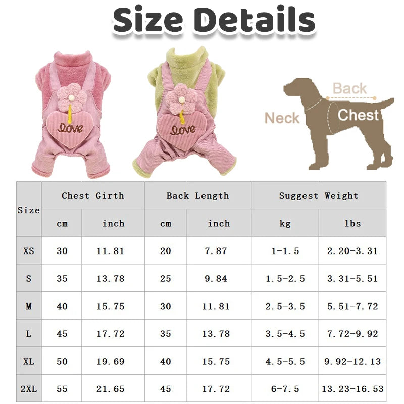 Fleece Dog Jumpsuit Flower Print Sweatshirt Chihuahua Bichon Warm Clothing for Small Dog Four Legs Outfit Winter Pet Costume