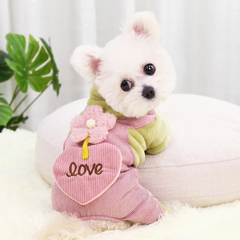 Fleece Dog Jumpsuit Flower Print Sweatshirt Chihuahua Bichon Warm Clothing for Small Dog Four Legs Outfit Winter Pet Costume