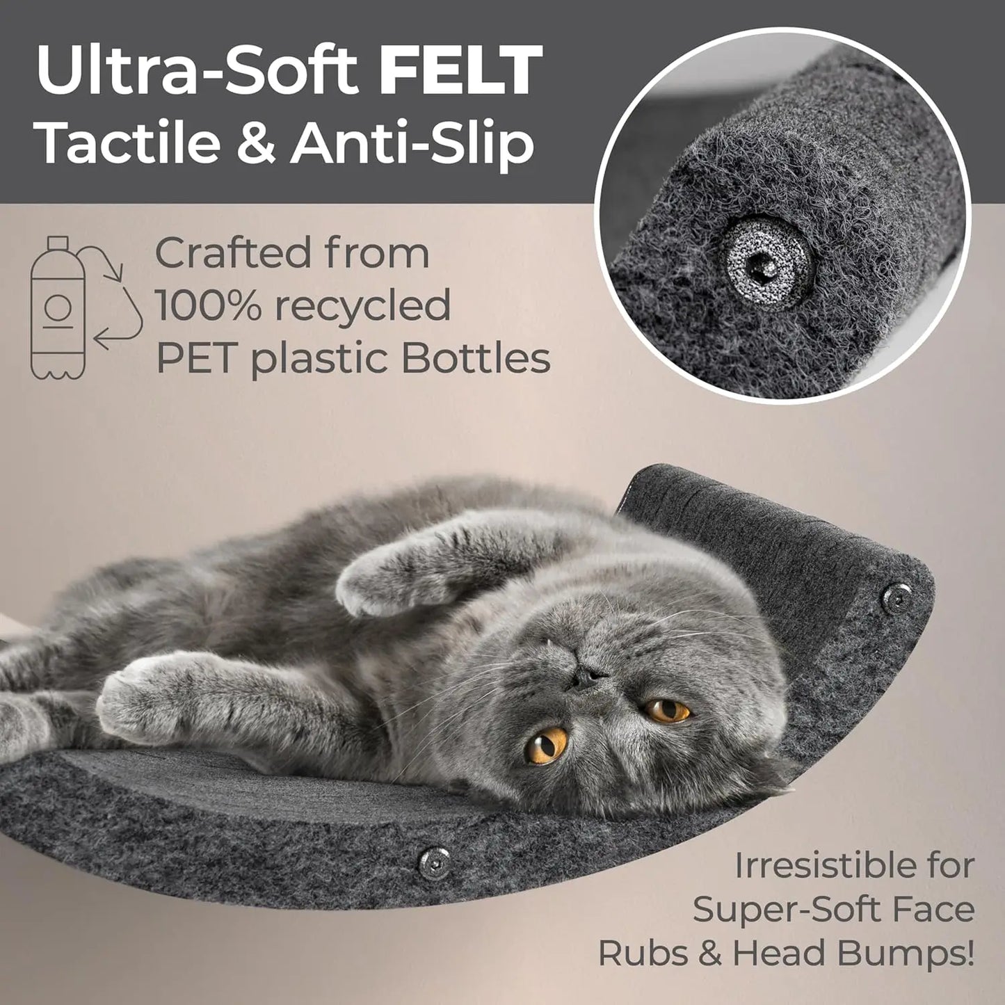 Set of 4 Wall-Mounted Cat Shelves: Sustainable PET Felt Climbing Furniture for Indoor Cats, Modern Charcoal Design