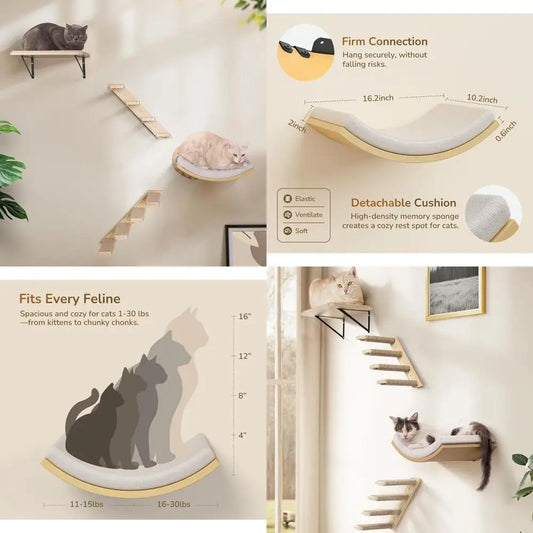 Wooden Wall-Mounted Cat Furniture Set with Curved Bed, Flat Perch, and 4-Step Stairs