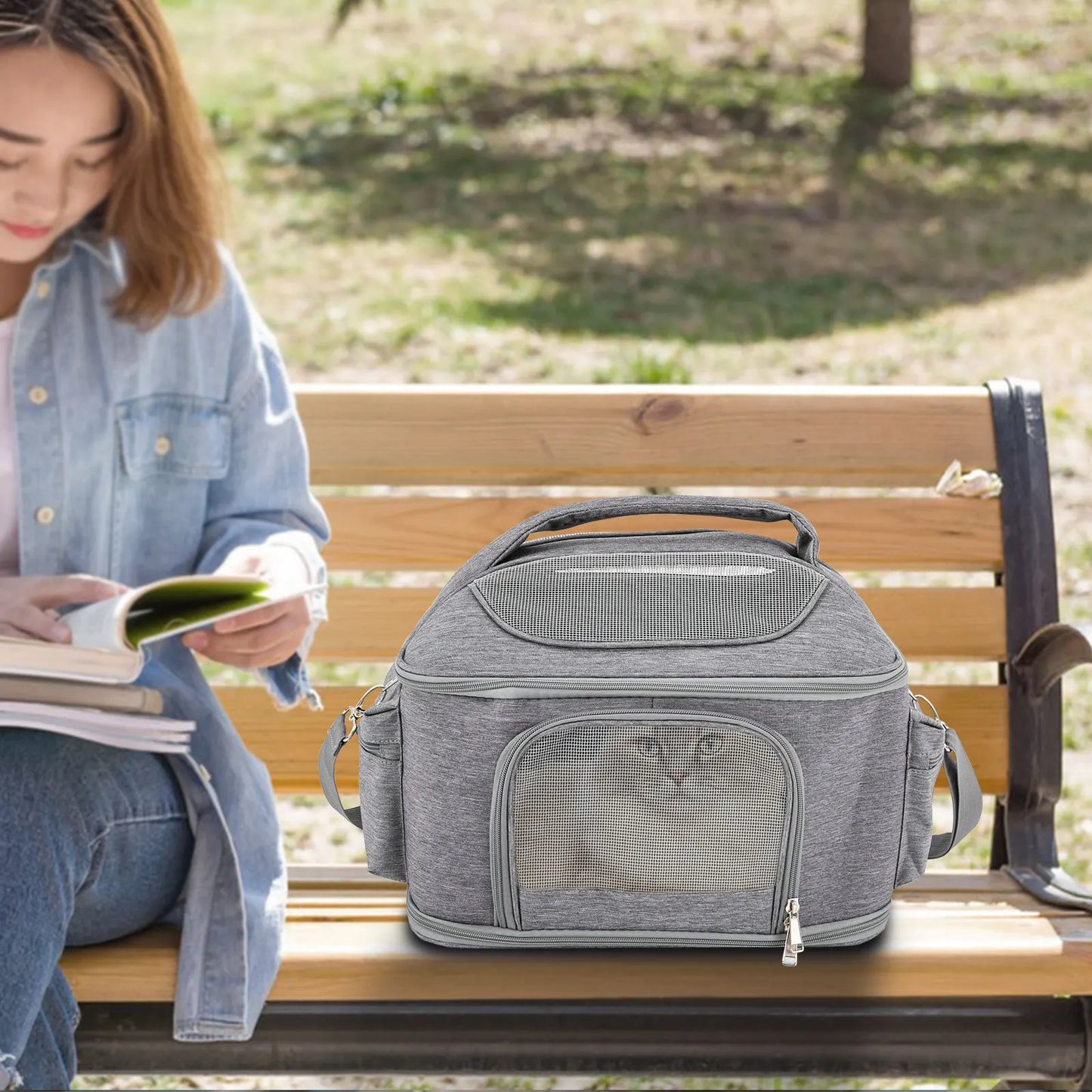 Light Gray Pet Backpack Breathable Portable Foldable Tote Bag Approved by Travel Airlines, For Dogs and Cats to Go Out