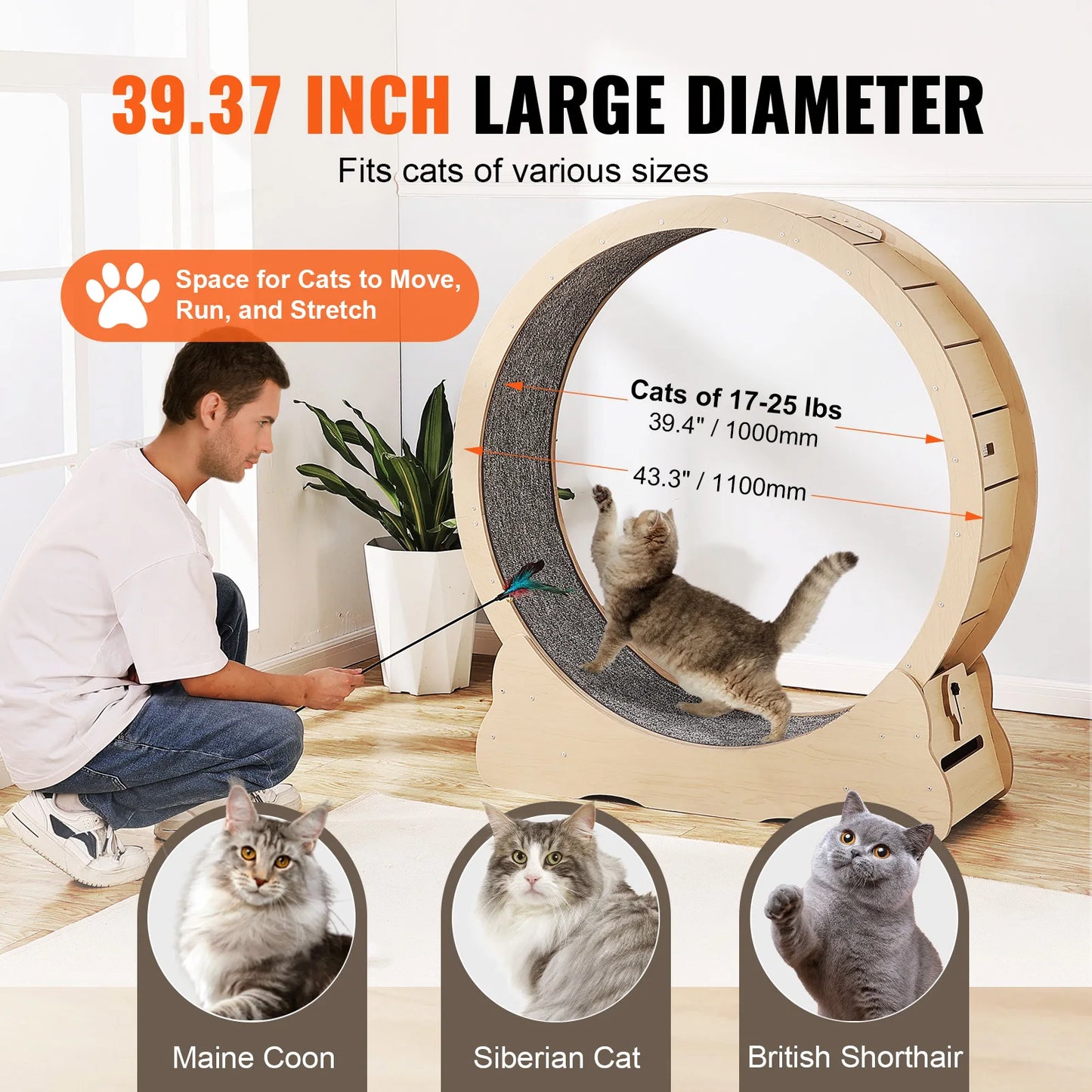 Wooden Cat Exercise Wheel Large Cat Treadmill Wheel for Indoor Cat Running Wheel with Detachable Carpet& Cat Teaser
