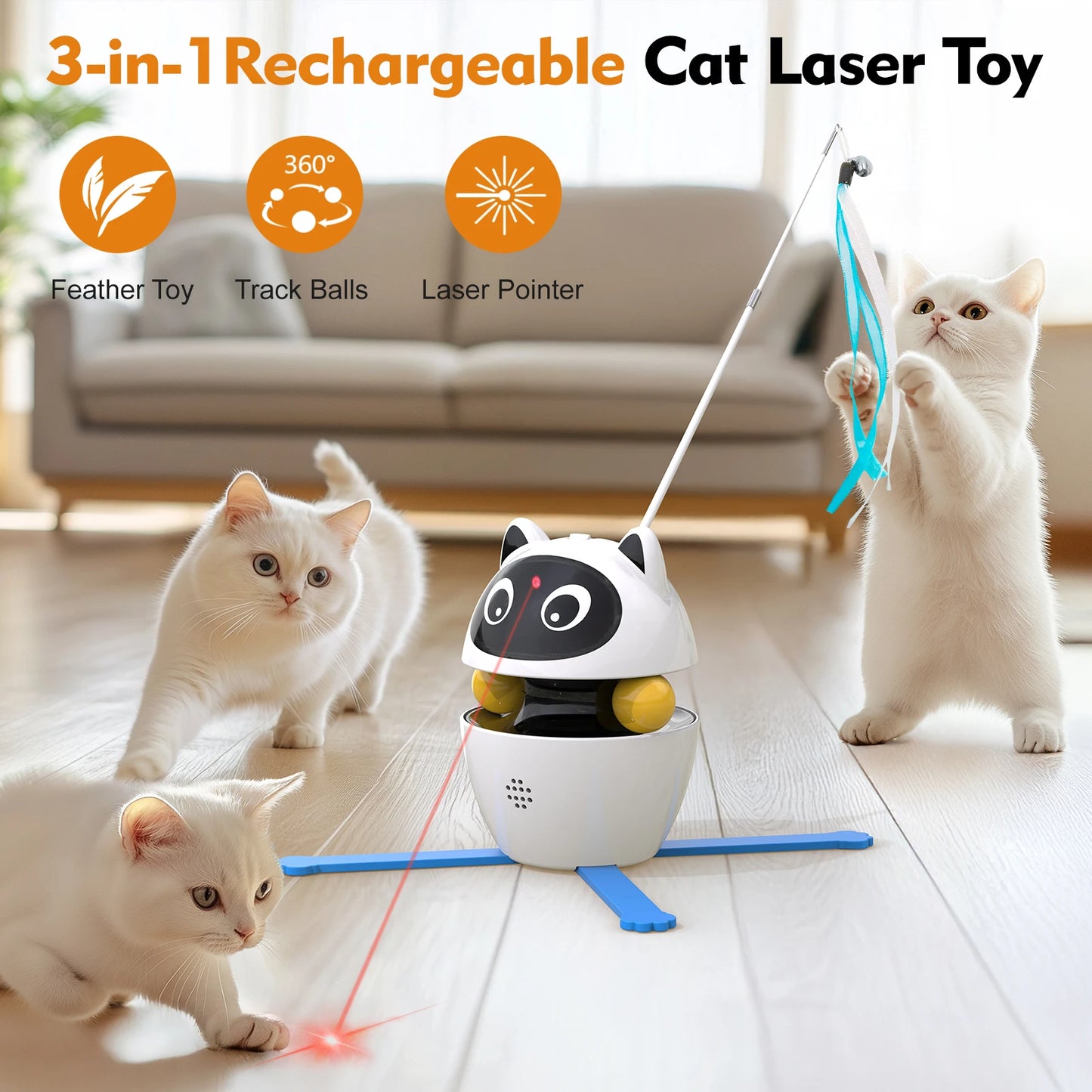 4-in-1 Rechargeable Cat Laser Toy Indoor Electric Interactive Multifunctional Toys Adjustable Laser and 2 Auto Ring Balls