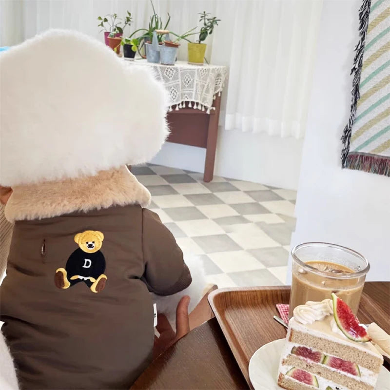 Winter Dog Clothes Luxury Bear Print Fur Collar Windproof Jacket Chihuahua Yorkies Warm Coat Puppy Outfit Clothing Pet Costume