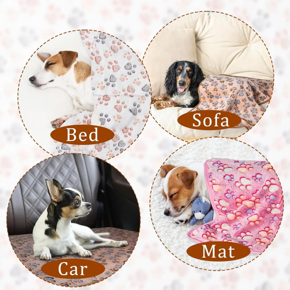 3-Pack Super Soft Fluffy Fleece Pet Blankets with Paw Prints for Dogs, Cats - Small 23x16'', Brown, Pink, White