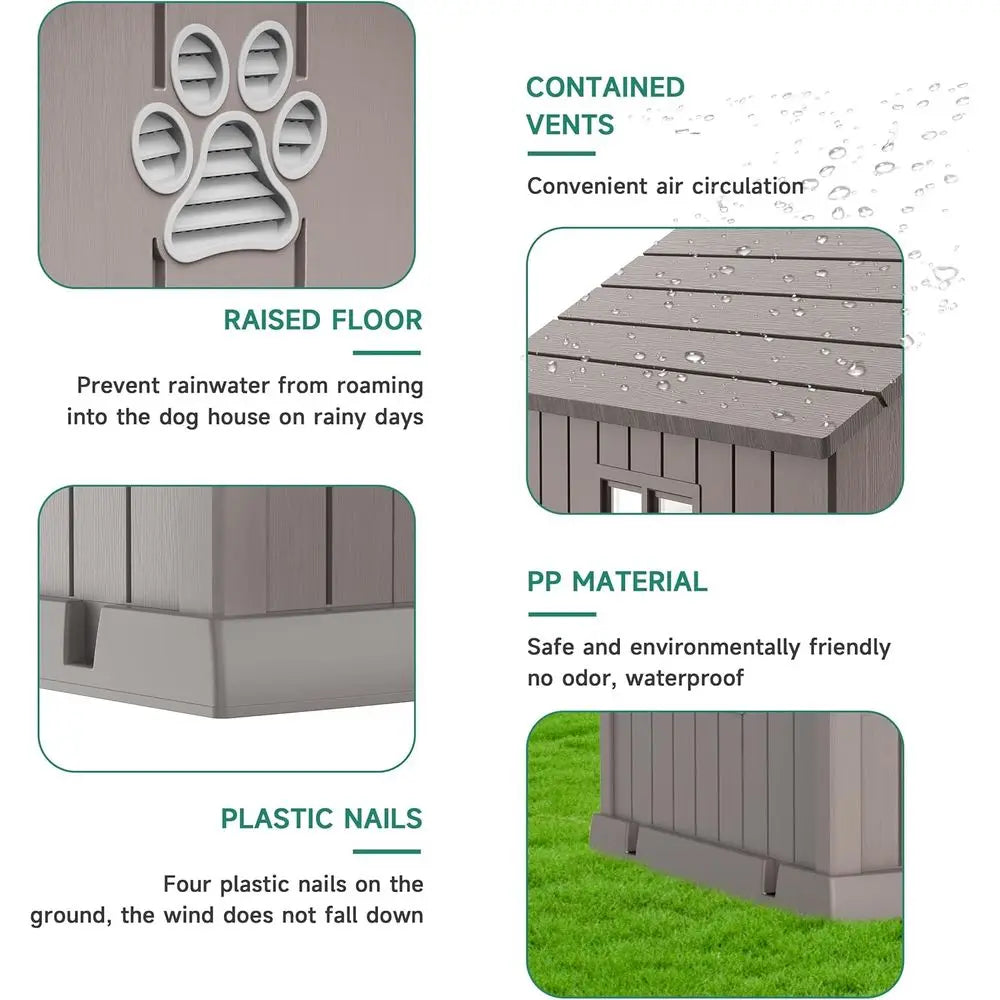 Gray Resin Outdoor Dog House for Small to Large Dogs with Air Vent and Elevated Floor