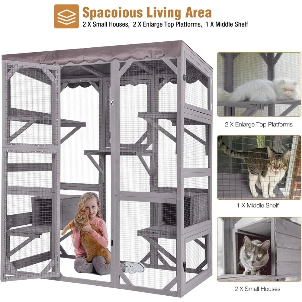 Large Catio Outdoor Cat Enclosure with Condos, Wood Catio Walk in Cat House, Kitty Shelter Indoor with Waterproof Roof