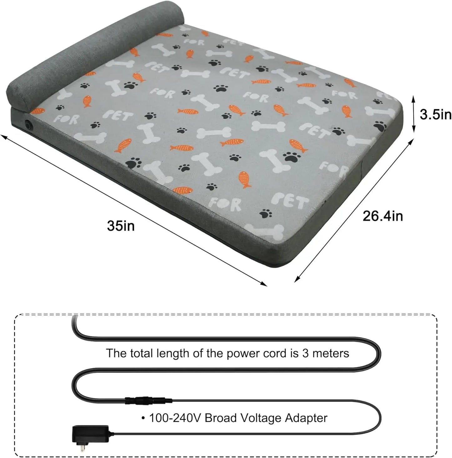 Electric Heated Orthopedic Dog Bed with Memory Foam, Waterproof Cover for Medium Large Dogs, 35x26.5 Inches