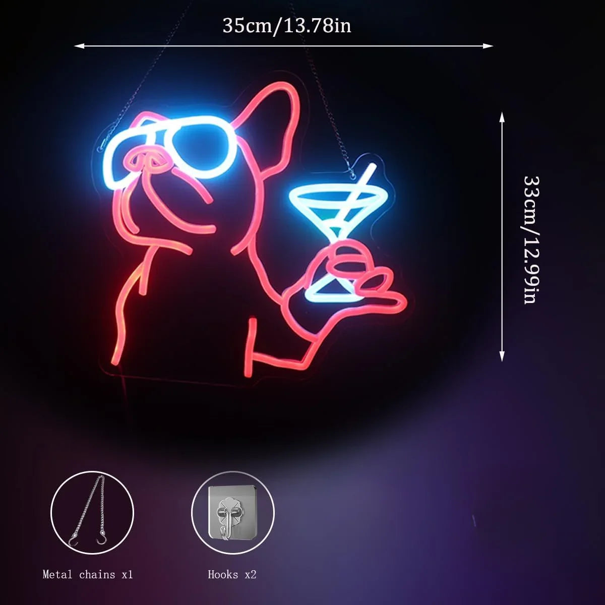 Bulldog Cocktail Neon Sign Dimmable LED Neon Light Sign for Wall Decor Room Party Club Bar Game Room Decor Birthday Art Gift