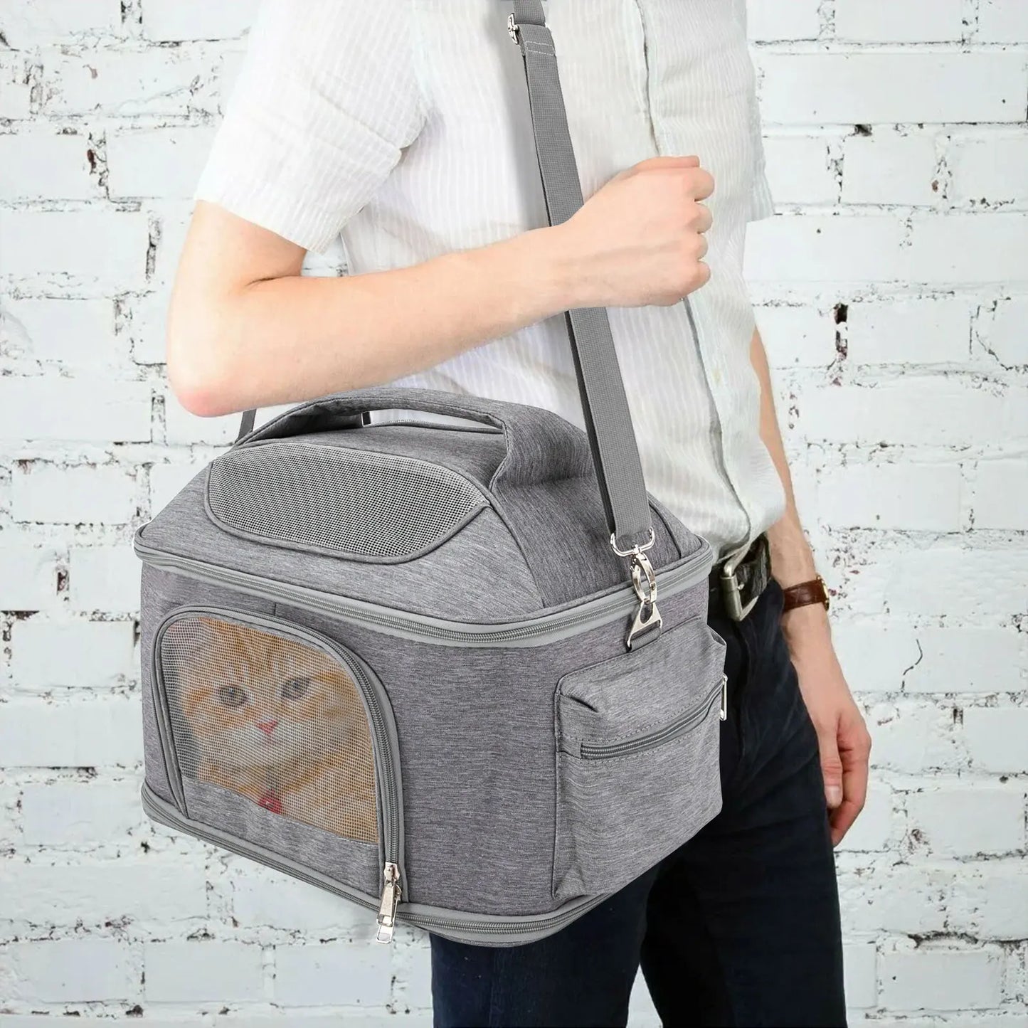 Light Gray Pet Backpack Breathable Portable Foldable Tote Bag Approved by Travel Airlines, For Dogs and Cats to Go Out