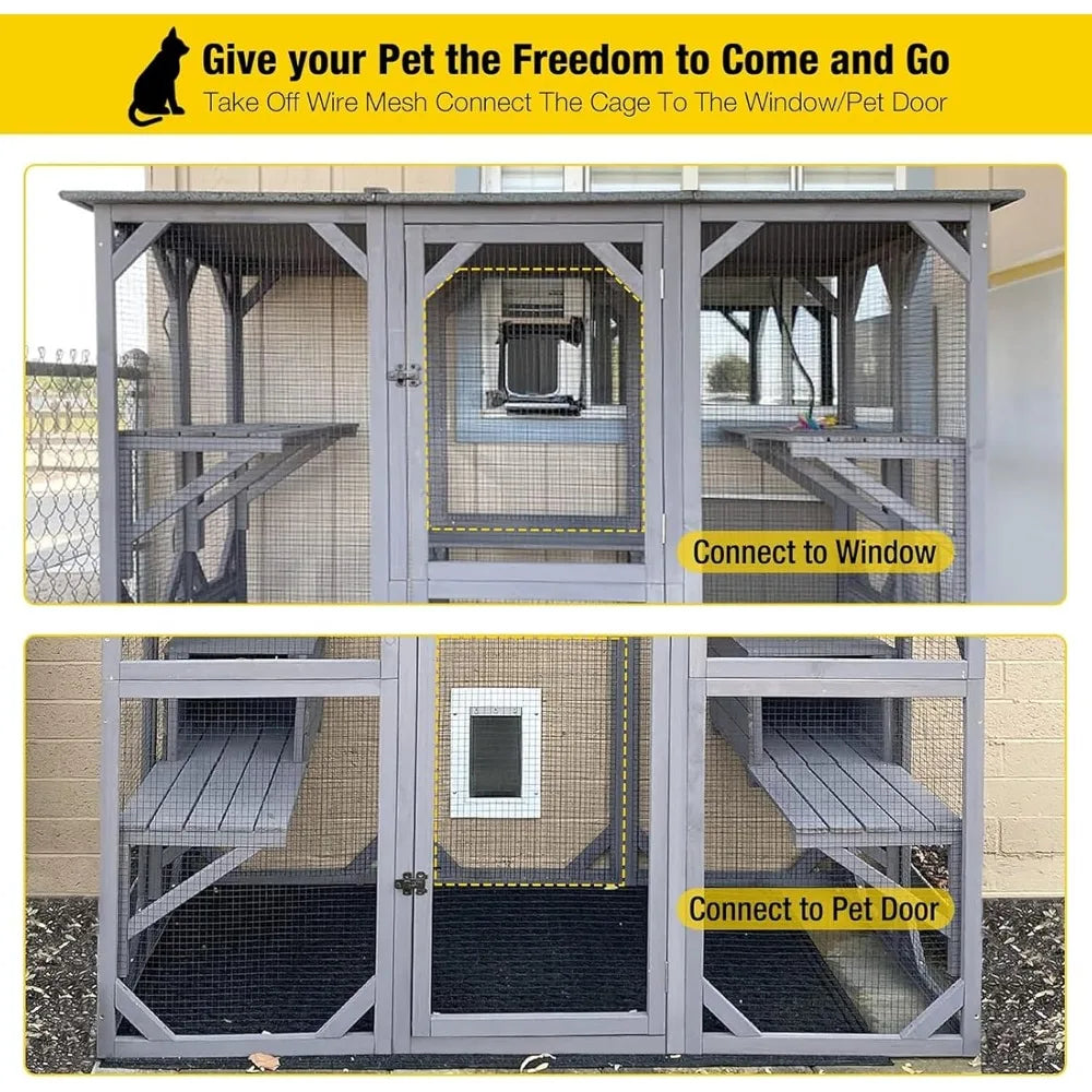 Cat House Outdoor Catio Kitty Enclosure with Super Large Enter Door, Wooden Cat Cage Condo Indoor Playpen with Platform