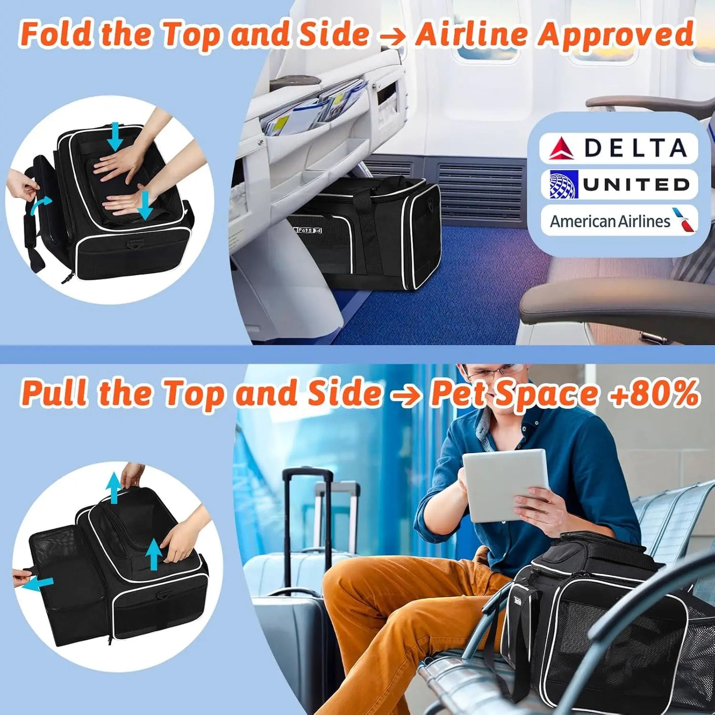 Expandable Airline-Approved Pet Carrier for Small Dogs & Cats, Soft-Sided with Safety Zippers