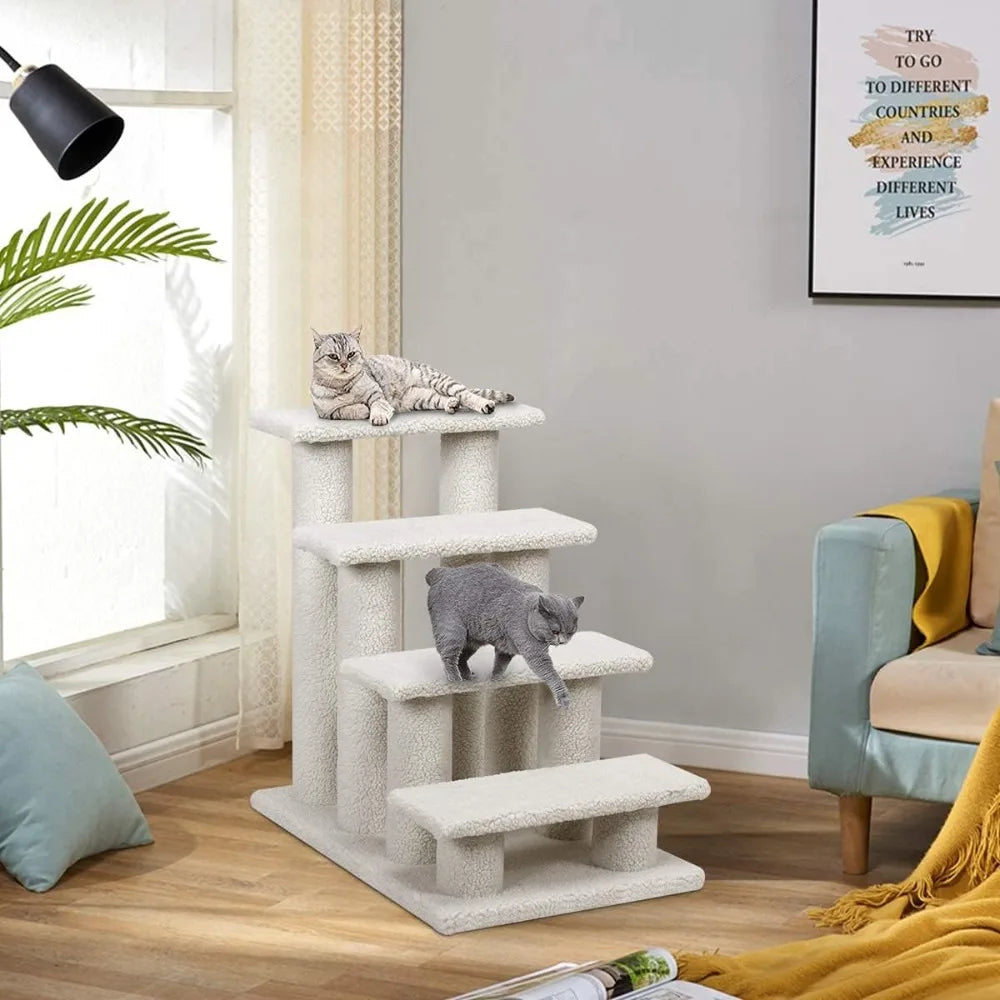 Pet Stairs For Cats And Dogs, 4-Step Carpeted Ladder Ramp Cat Climber Cat Scratching Post, Multi-Step Dog Stairs For Hi
