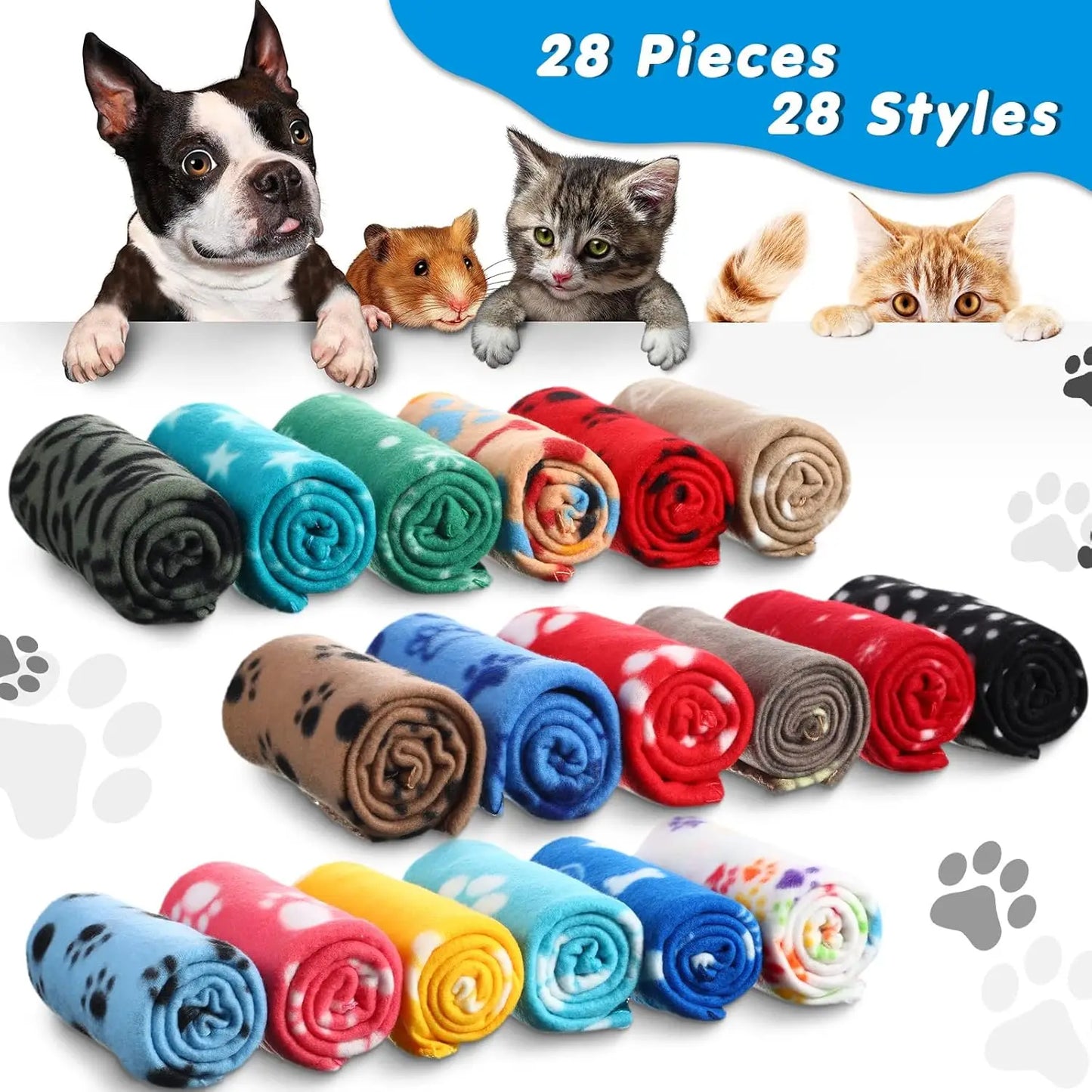 28-Piece Fleece Pet Blankets Set, Soft Warm Paw Print Sleep Mats for Dogs Cats, 27.5x39.3 Inch