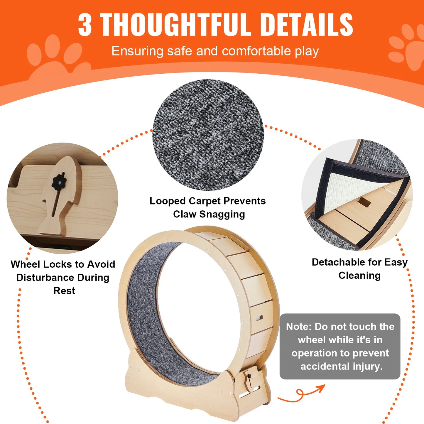 Wooden Cat Exercise Wheel Large Cat Treadmill Wheel for Indoor Cat Running Wheel With Detachable Carpet& Cat Teaser