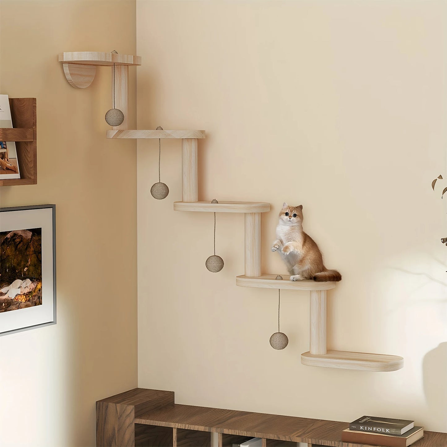 Wooden Cat Wall Furniture Wall Mounted Climbing Frame 5 Step Ladder Corner Shelf with Hardware 12kg Load for Cats Playing Sleepi